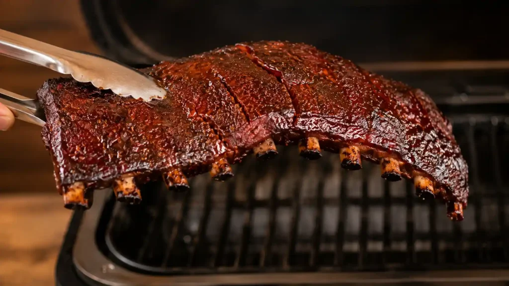 Bend test on Ninja Woodfire ribs showing the rack sagging and cracking when done