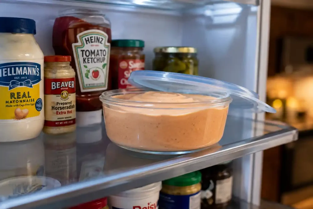 Bloomin onion sauce in a covered glass container chilling in the refrigerator