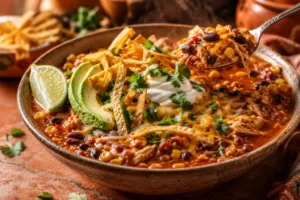 Bowl of copycat Zupas chicken enchilada chili topped with cheese, avocado, and tortilla strips
