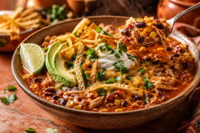 Bowl of copycat Zupas chicken enchilada chili topped with cheese, avocado, and tortilla strips