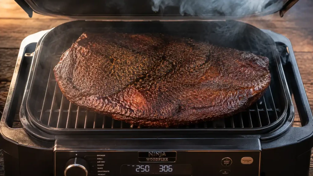 Brisket bark developing inside the Ninja Woodfire Grill on Smoker mode.Brisket bark developing inside the Ninja Woodfire Grill on Smoker mode.