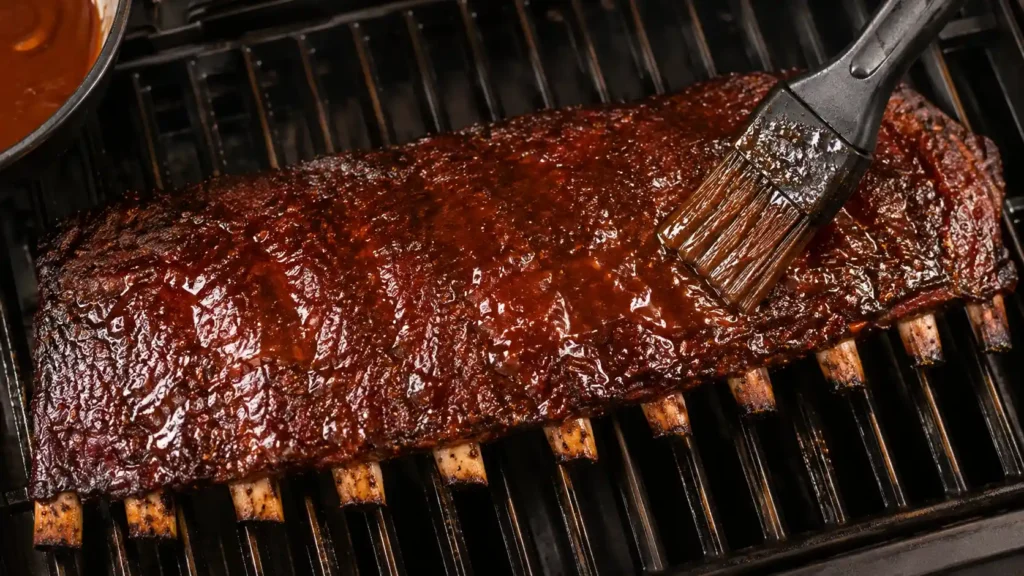 Brushing barbecue sauce onto Ninja Woodfire ribs to set the glaze