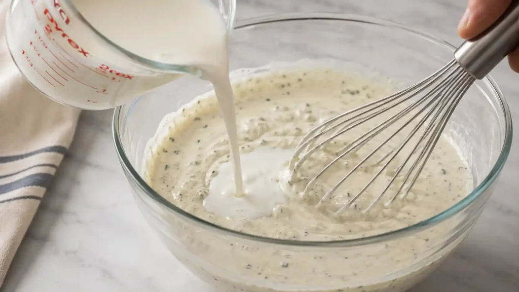 Buttermilk being whisked into copycat Wingstop ranch dressing.