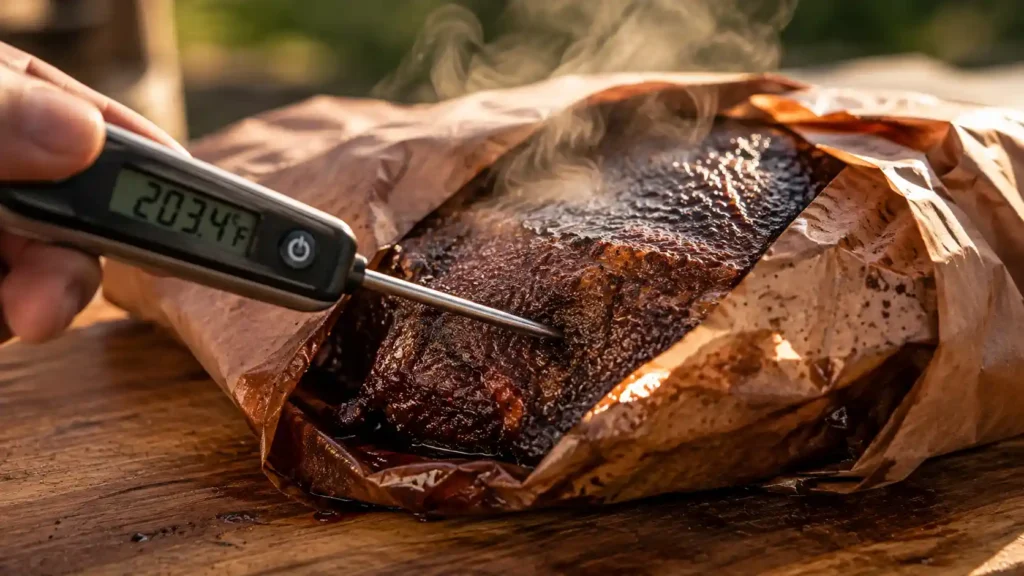 Checking Ninja Woodfire brisket doneness with a probe thermometer through the wrap.