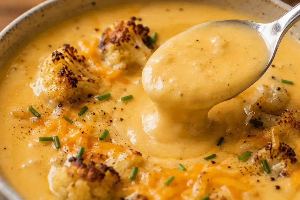 Closeup of smooth glossy copycat Zupas Wisconsin cauliflower soup in a bowl