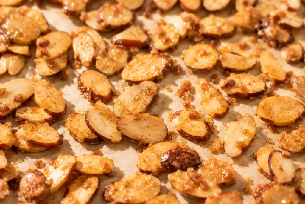 Cooled cinnamon candied almonds spread loose on parchment for the berry salad