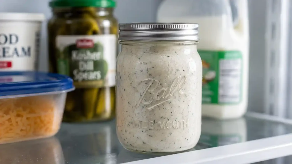 Copycat Wingstop ranch chilling in a sealed mason jar in the refrigerator