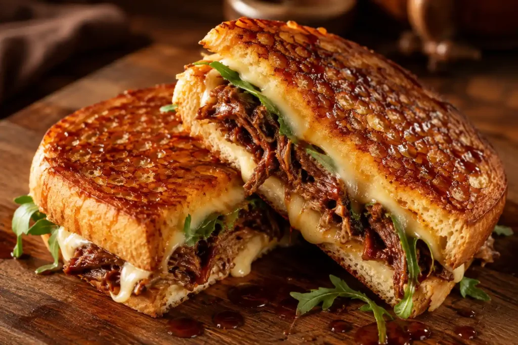 Copycat Zupas Brisket Grilled Cheese with brisket, muenster, and hot honey BBQ spread