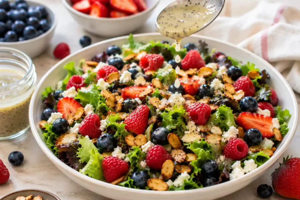Copycat Zupas Nuts About Berries salad assembled and drizzled with poppyseed dressing
