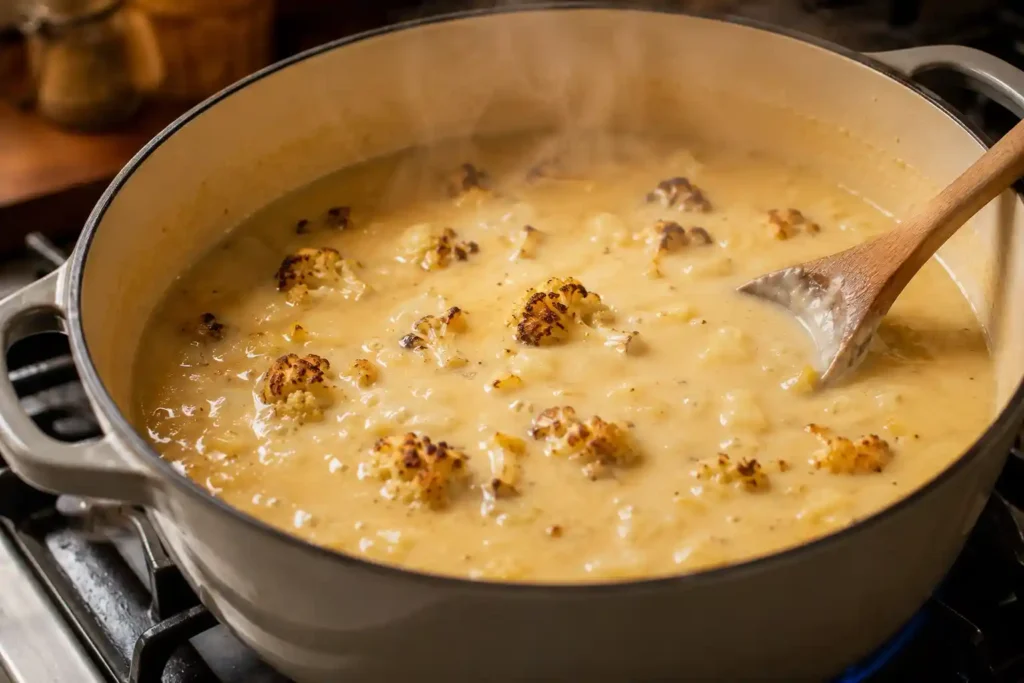 Creamy cauliflower soup base simmering in a pot before the cheese is added
