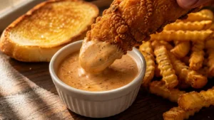 Creamy copycat zax sauce in a ramekin with a crispy chicken finger being dipped