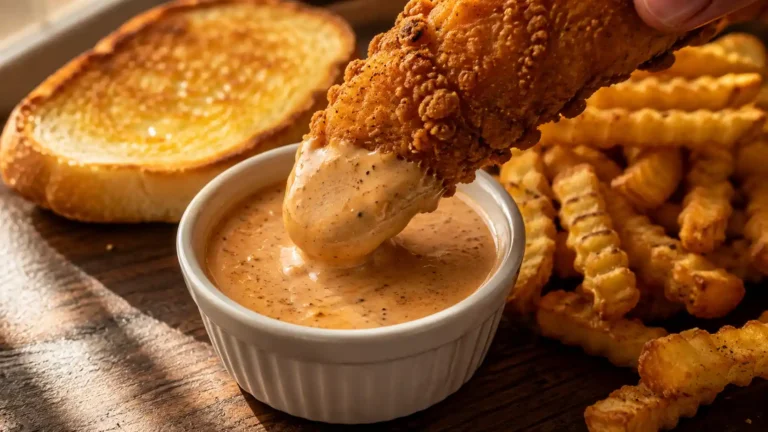 Creamy copycat zax sauce in a ramekin with a crispy chicken finger being dipped