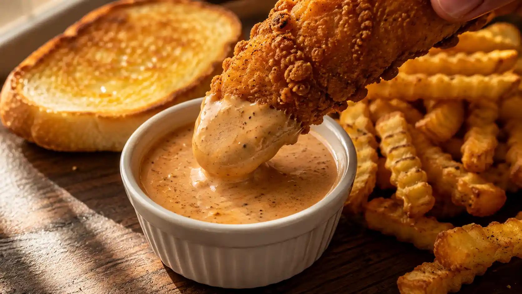 Creamy copycat zax sauce in a ramekin with a crispy chicken finger being dipped