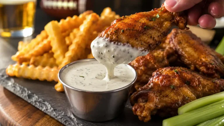Crispy chicken wing dunked into copycat Wingstop ranch in a large dipping cup