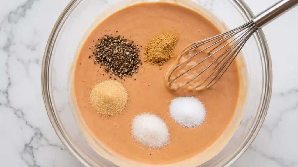 Dry seasonings added to the top of homemade zax sauce before whisking