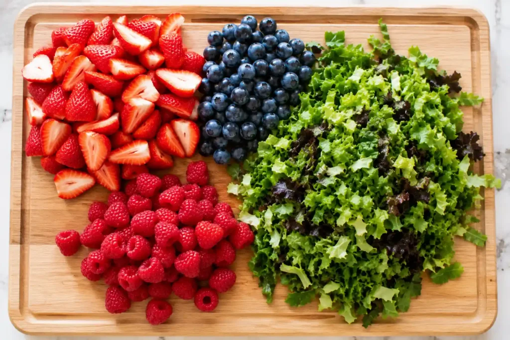 Fresh mixed berries and chopped greens prepped for Nuts About Berries salad