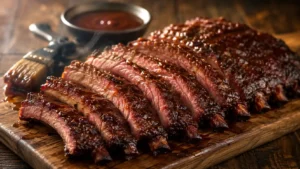 Glazed Ninja Woodfire smoked ribs sliced on a board showing a pink smoke ring