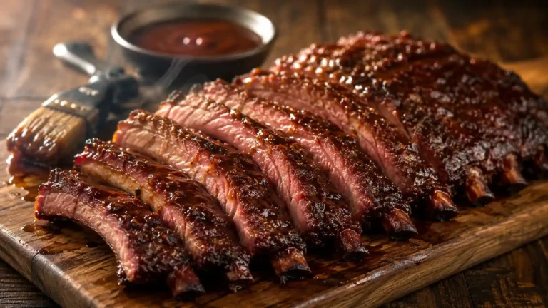 Glazed Ninja Woodfire smoked ribs sliced on a board showing a pink smoke ring