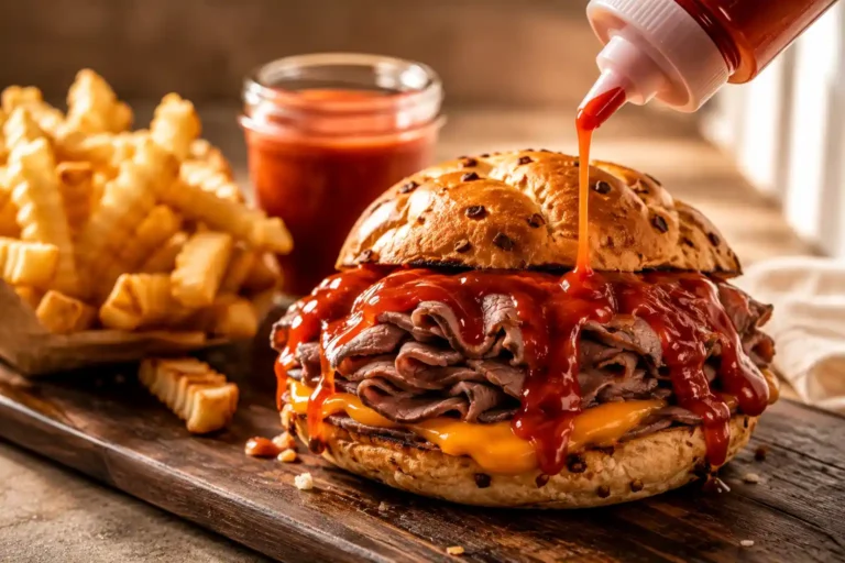 Glossy copycat Arbys Red Ranch sauce drizzled over a roast beef and cheddar sandwich