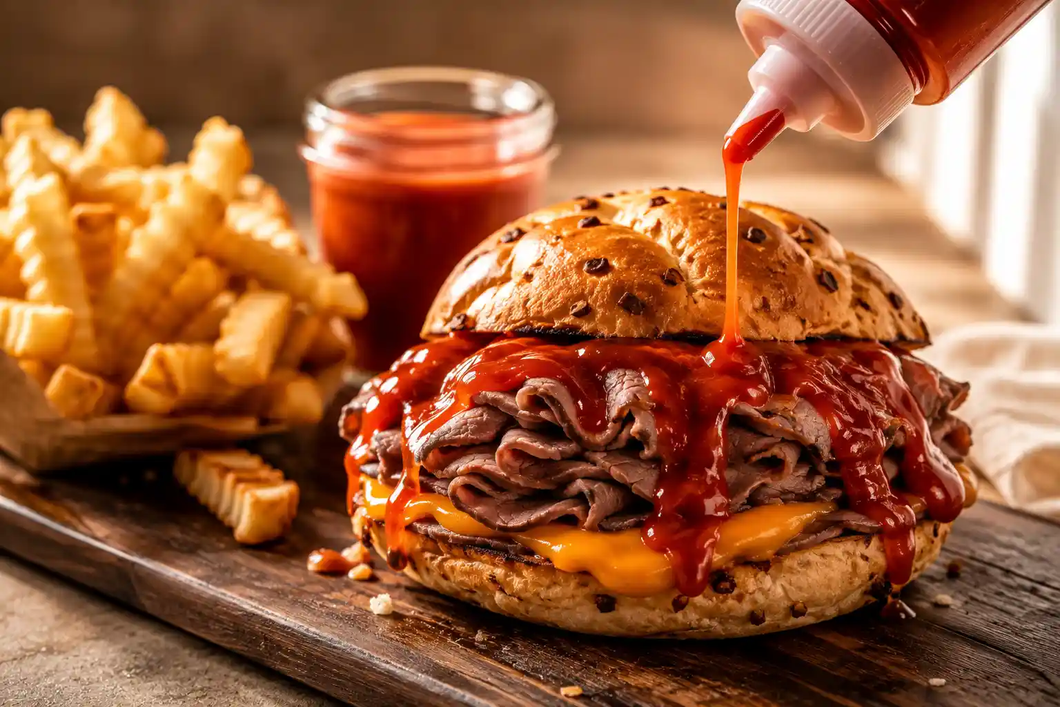 Glossy copycat Arbys Red Ranch sauce drizzled over a roast beef and cheddar sandwich