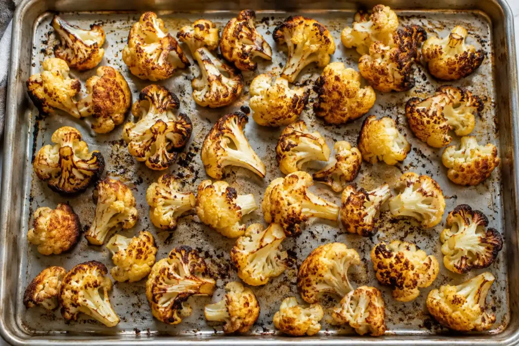 Golden roasted cauliflower florets on a sheet pan for Wisconsin cauliflower soup