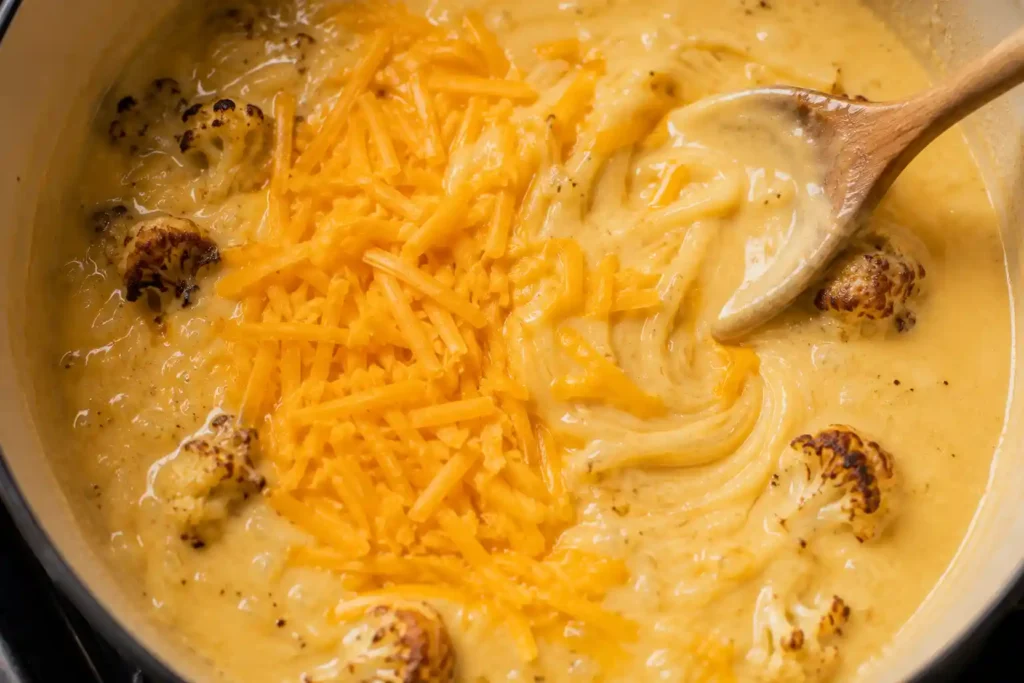 Grated sharp cheddar being stirred into homemade Wisconsin cauliflower soup
