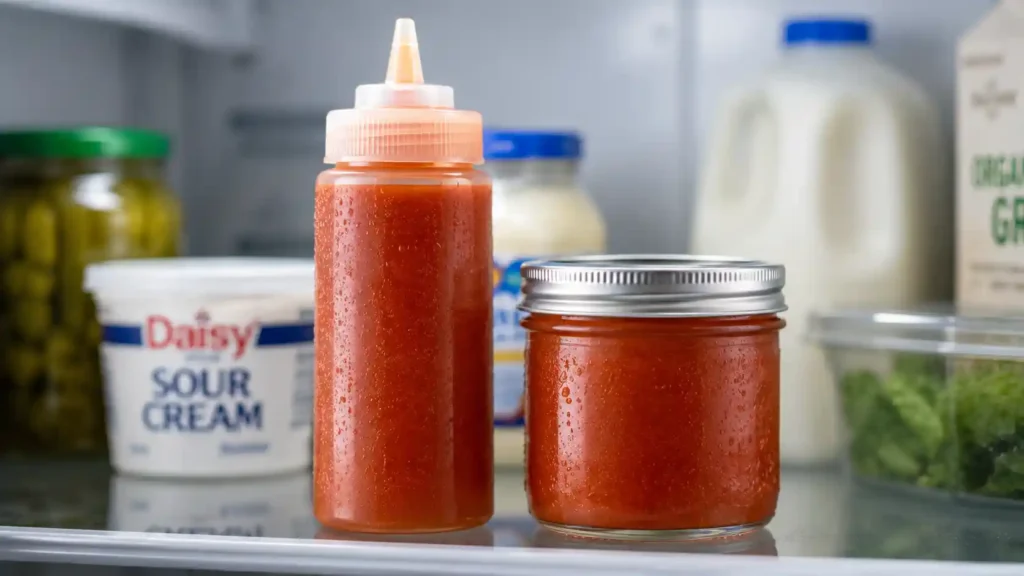 Homemade Red Ranch sauce chilling in a squeeze bottle and jar in the fridge.