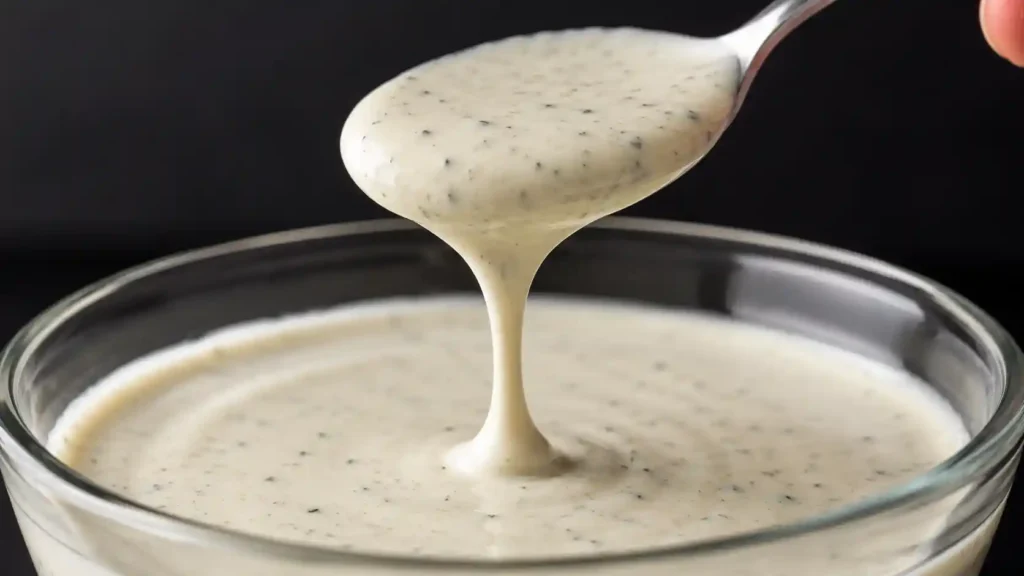 Homemade Wingstop ranch ribboning off a spoon at the right dipping consistency