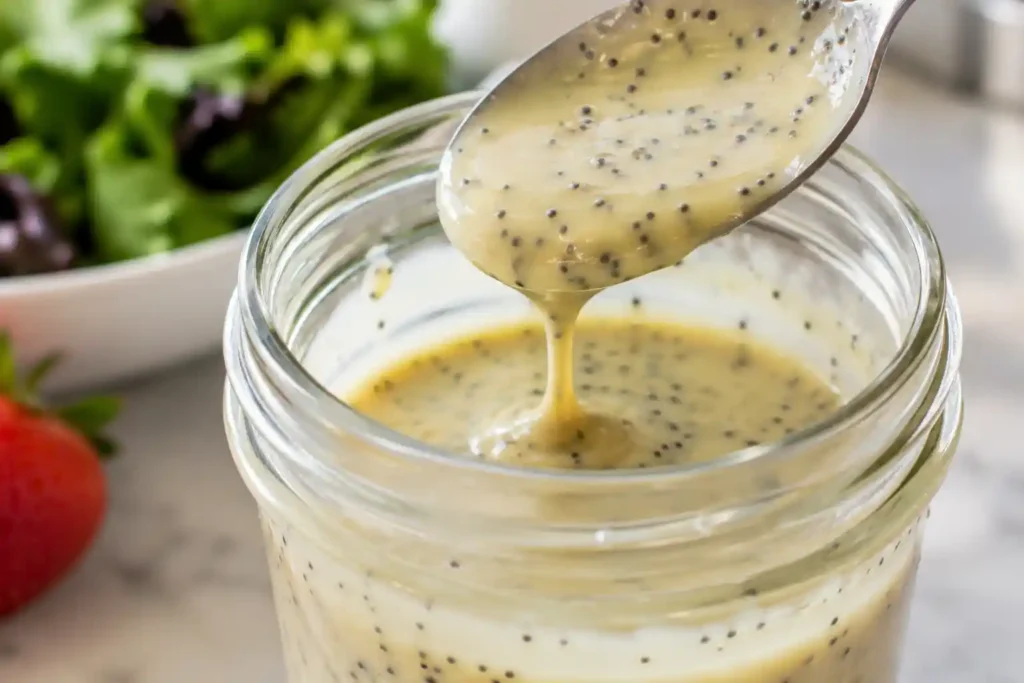 Homemade poppyseed dressing being blended for copycat Zupas berry salad