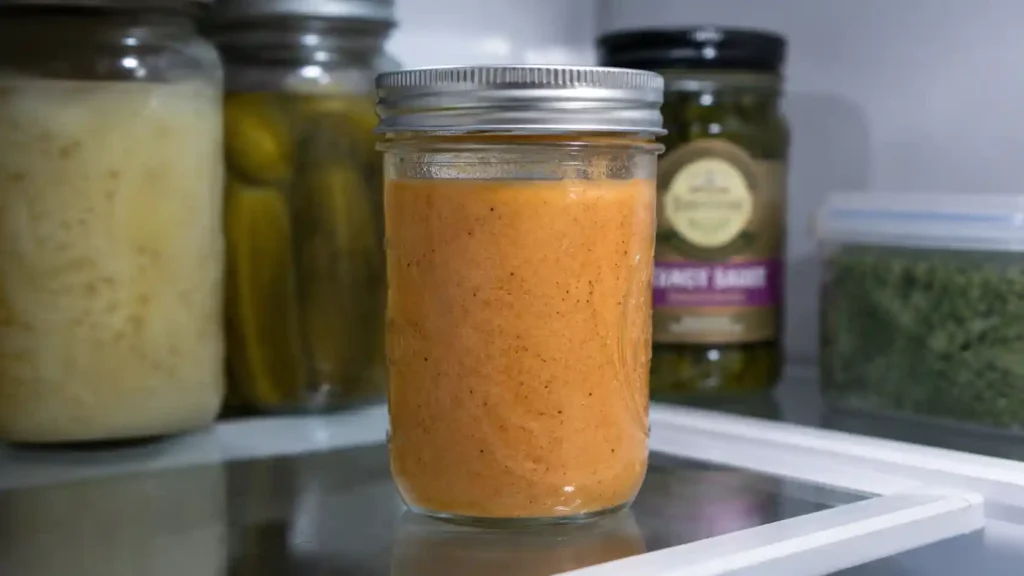 Homemade zax sauce chilling overnight in a sealed glass jar