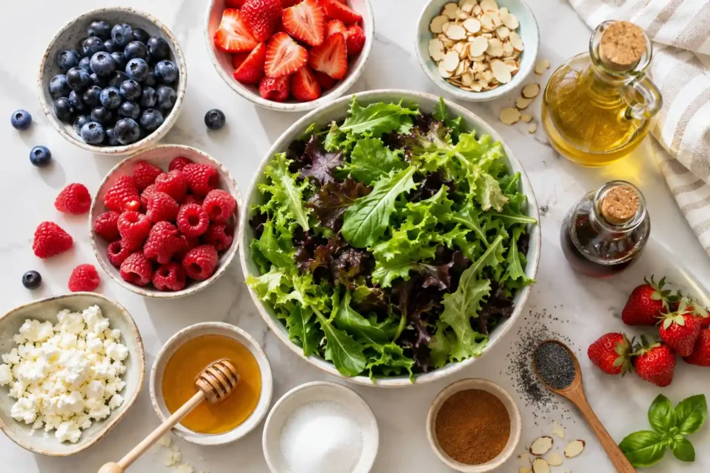 Ingredients for Zupas Nuts About Berries salad including greens berries almonds feta