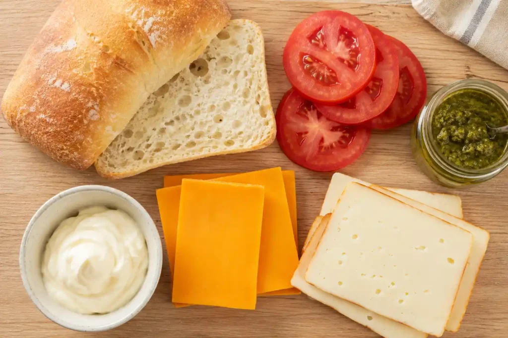 Ingredients for Zupas Ultimate Grilled Cheese including ciabatta, cheddar, muenster, pesto