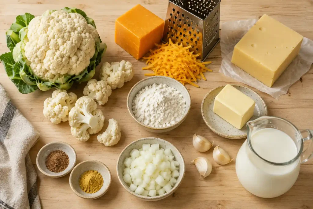 Ingredients for Zupas Wisconsin cauliflower soup including cauliflower and cheddar