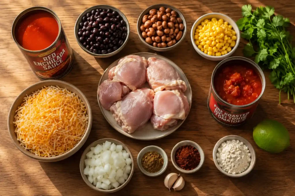 Ingredients for Zupas chicken enchilada chili including chicken, beans, corn, and enchilada sauce