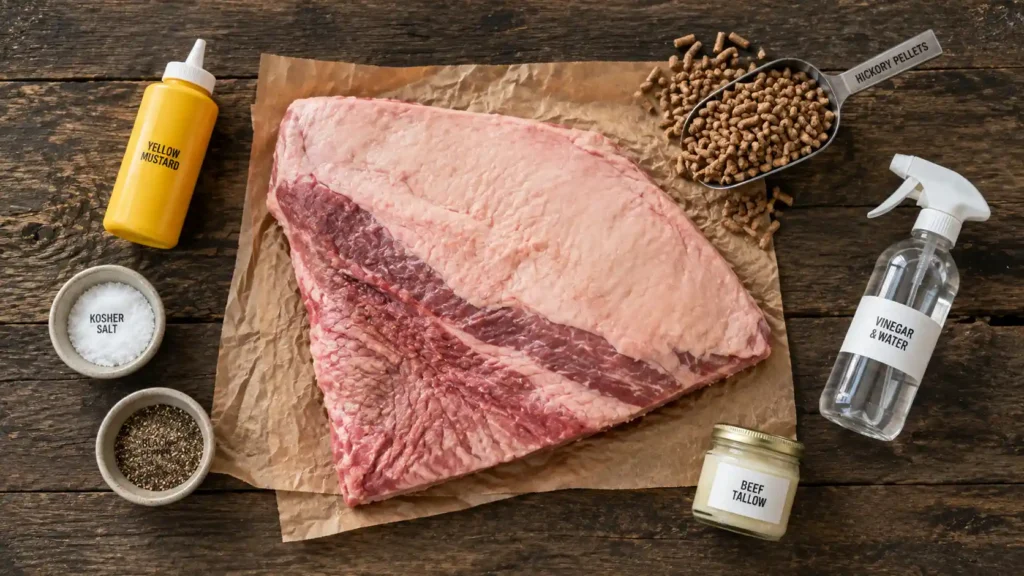 Ingredients for a Ninja Woodfire brisket recipe including brisket, rub, and pellets.