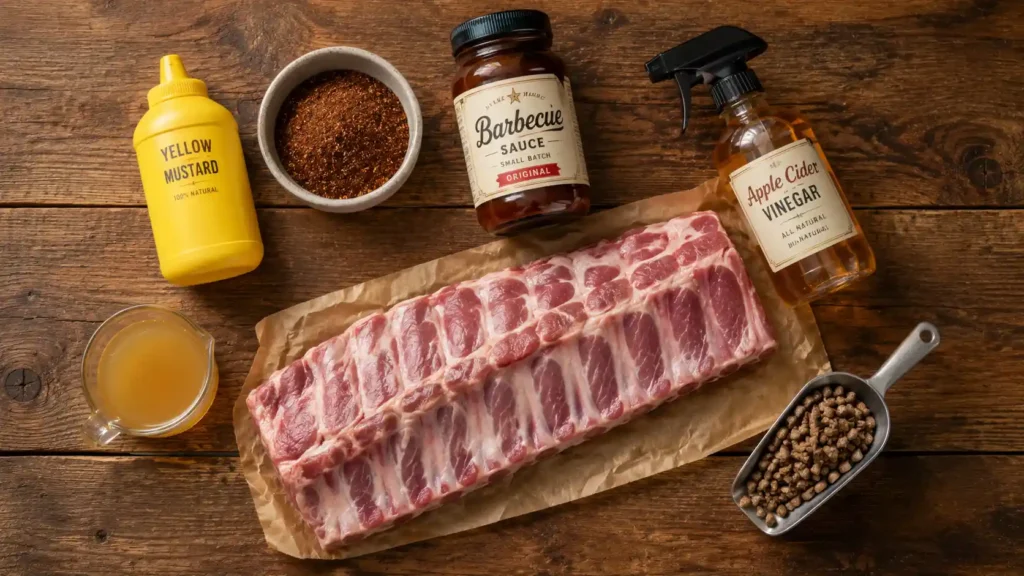 Ingredients for a Ninja Woodfire ribs recipe including a rib rack, rub, and pellets