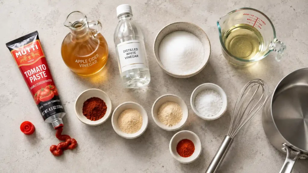 Ingredients for a homemade Arbys Red Ranch recipe arranged overhead on a countertop.
