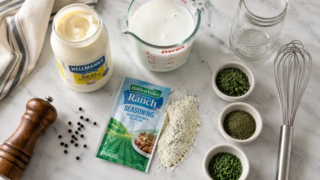 Ingredients for a homemade Wingstop ranch recipe arranged overhead on a countertop