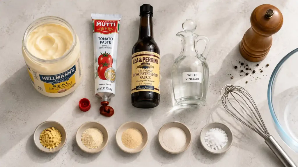 Ingredients for a homemade zax sauce recipe arranged overhead on a countertop