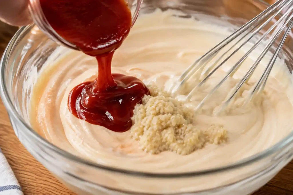 Ketchup and prepared horseradish being poured into the mayo base for bloomin onion sauce