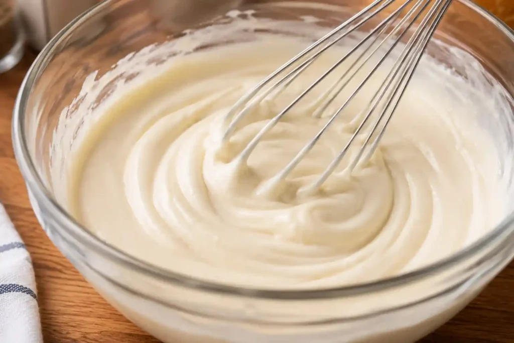 Mayonnaise and sour cream being whisked together in a glass mixing bowl