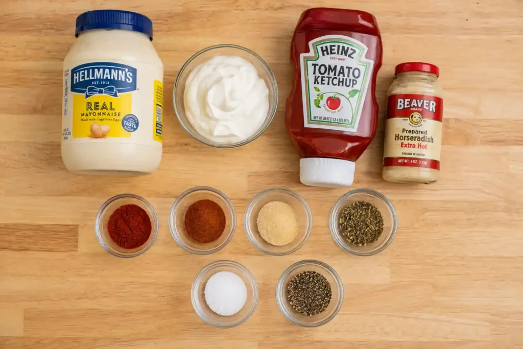 Mayonnaise, sour cream, ketchup, horseradish, and spices laid out for bloomin onion sauce