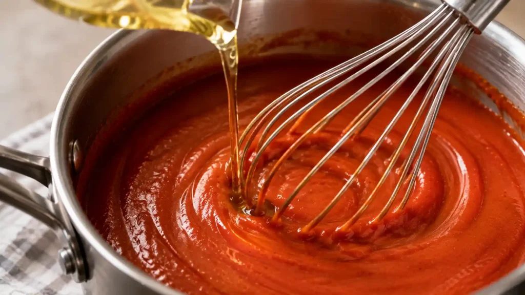 Oil being whisked into copycat Arbys Red Ranch sauce to form an emulsion