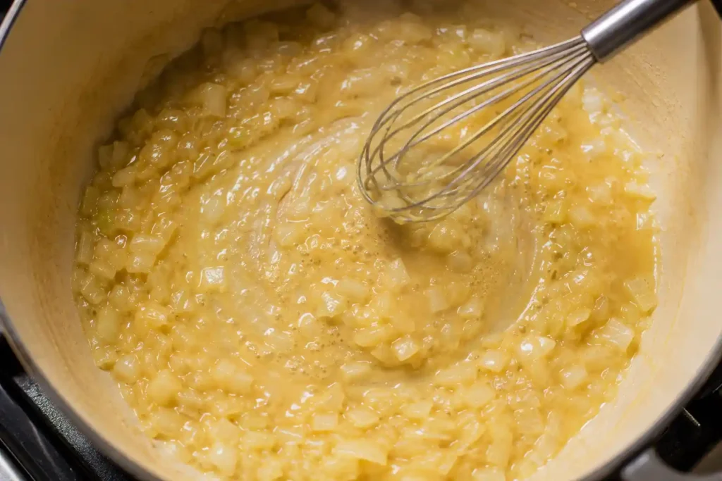 Onions and roux cooking in a pot as the base for cauliflower cheese soup