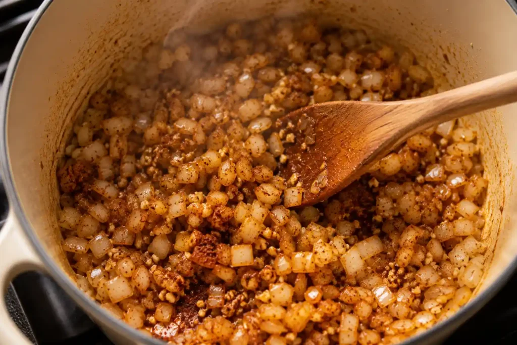 Onions, garlic, and spices sautéing in a pot for chicken enchilada chili