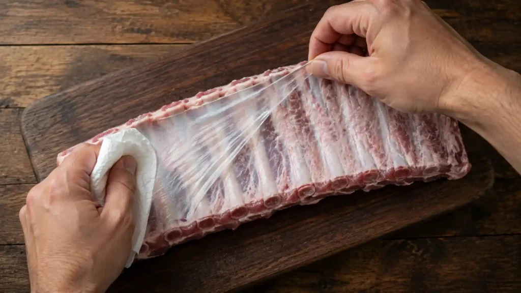 Peeling the membrane off the back of a pork rib rack before smoking