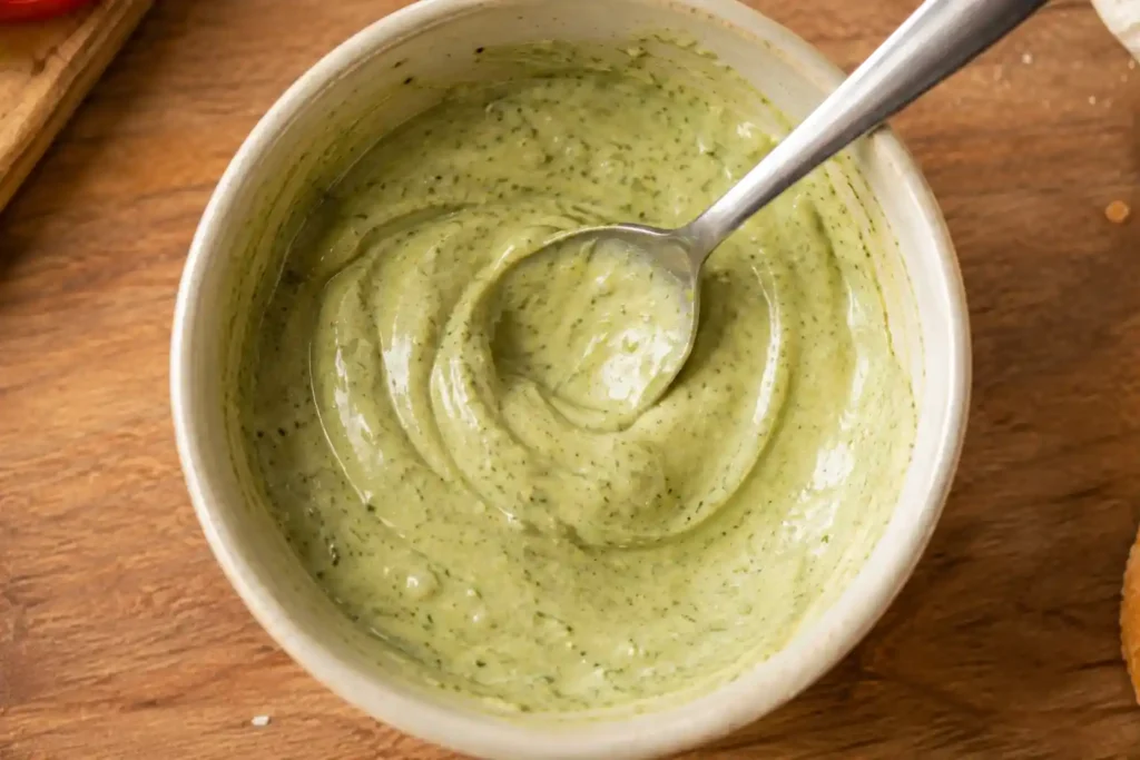 Pesto and mayonnaise stirred together for the Zupas grilled cheese spread