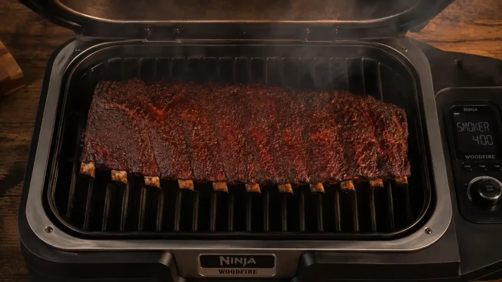 Pork ribs developing bark inside the Ninja Woodfire Grill on Smoker mode