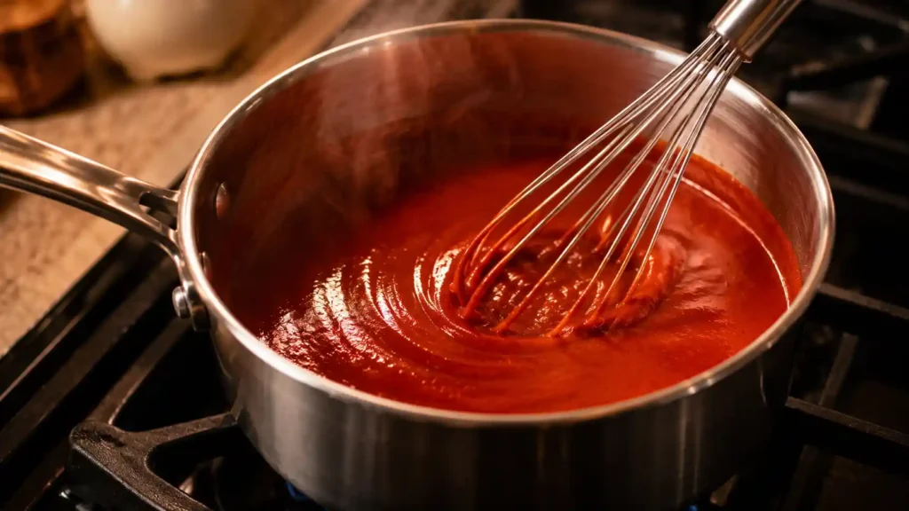 Red Ranch sauce base warming until glossy with the sugar fully dissolved