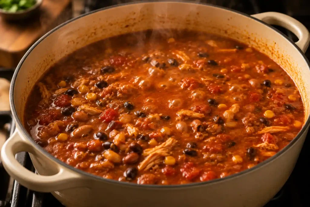 Red enchilada sauce, beans, and corn simmering into chicken enchilada chili